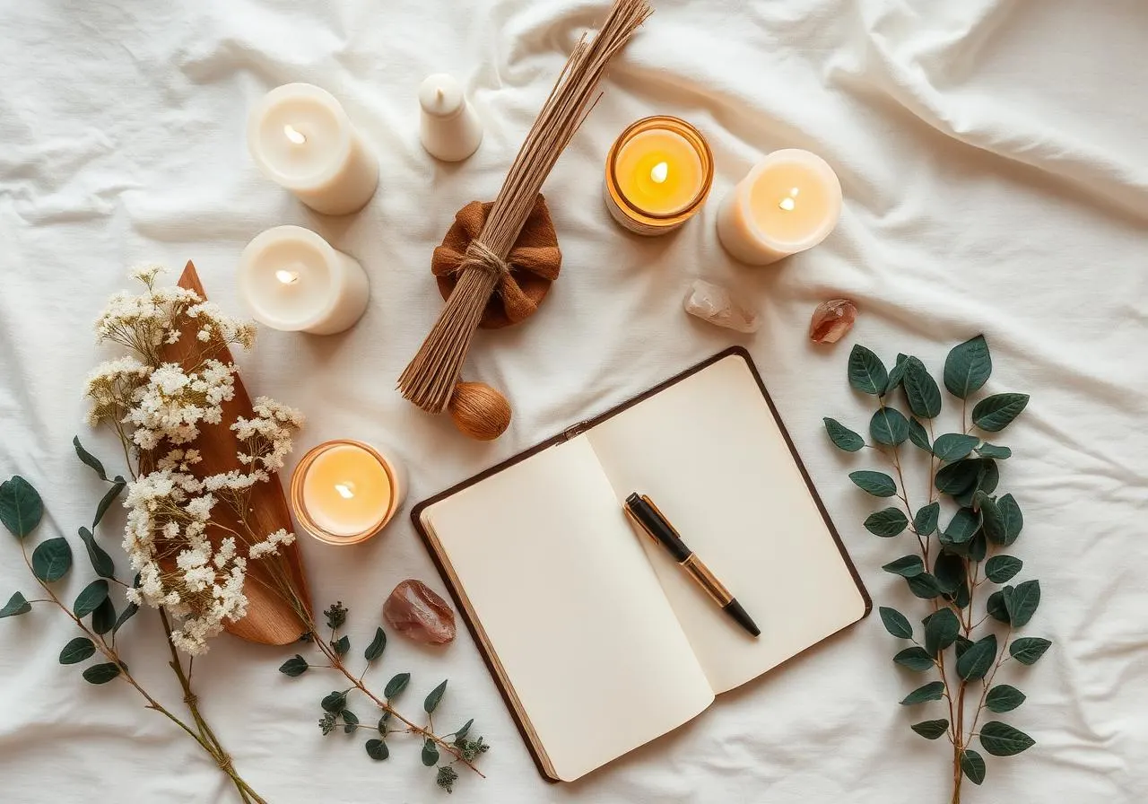 Altar holístico con velas, cristales y un cuaderno abierto